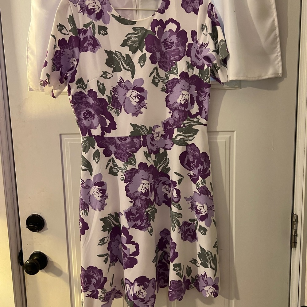 Banana Republic soft white dress with purple floral pattern and scalloped hems.